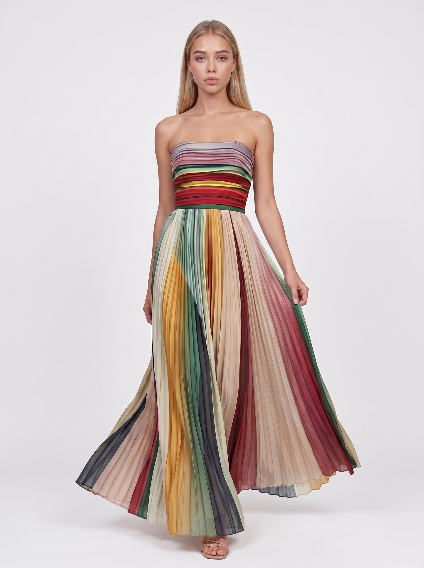 Aria | Striking Strapless Pleated Maxi Dress with A-Line Silhouette — front