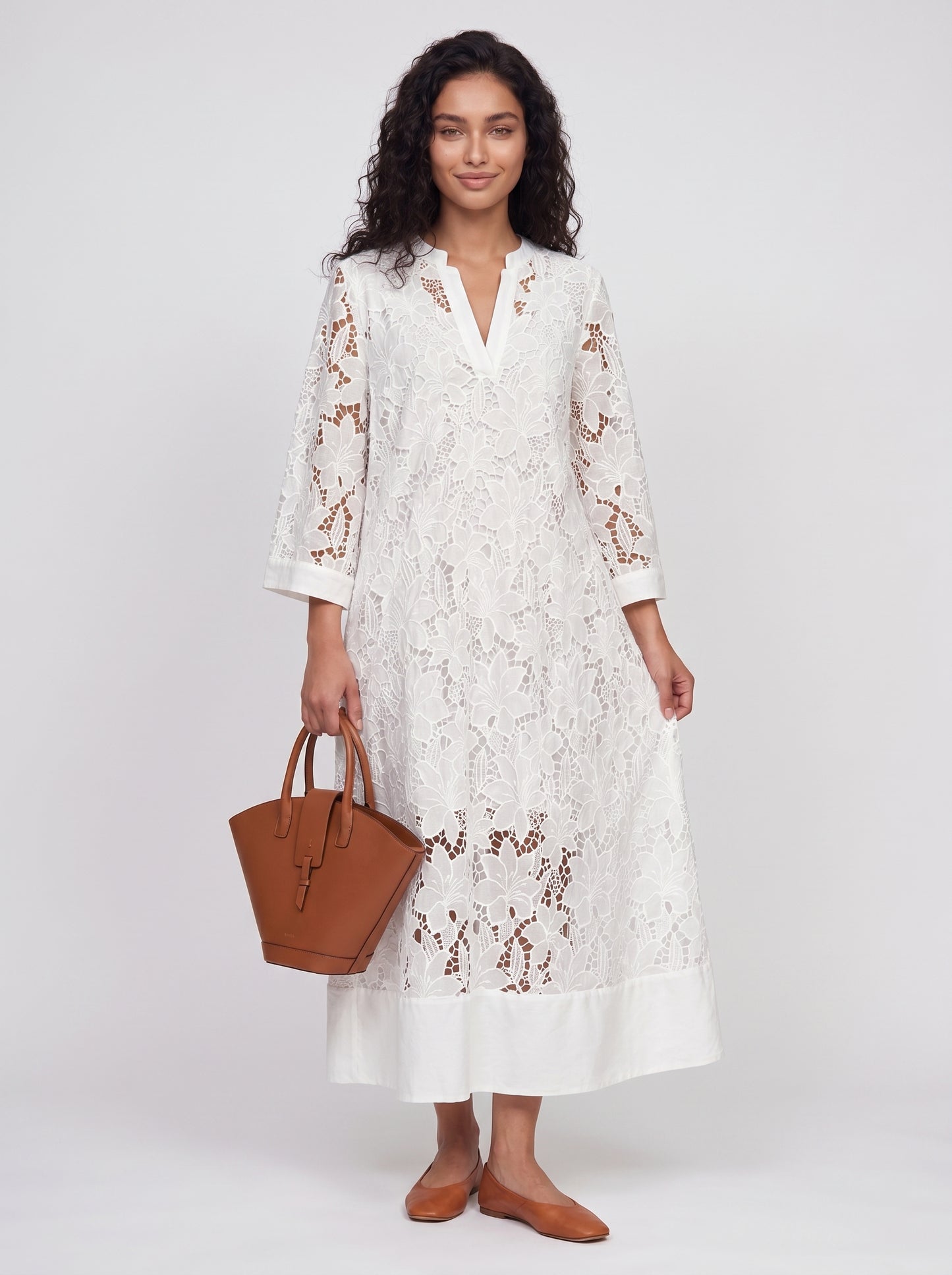 Bianca - White Lace Maxi Dress with Long Sleeves and V-Neckline — front