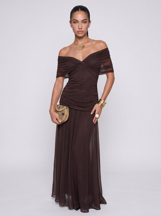 Elena | Elegant Bodycon Maxi Dress with Draped V-Neck — Brown_front