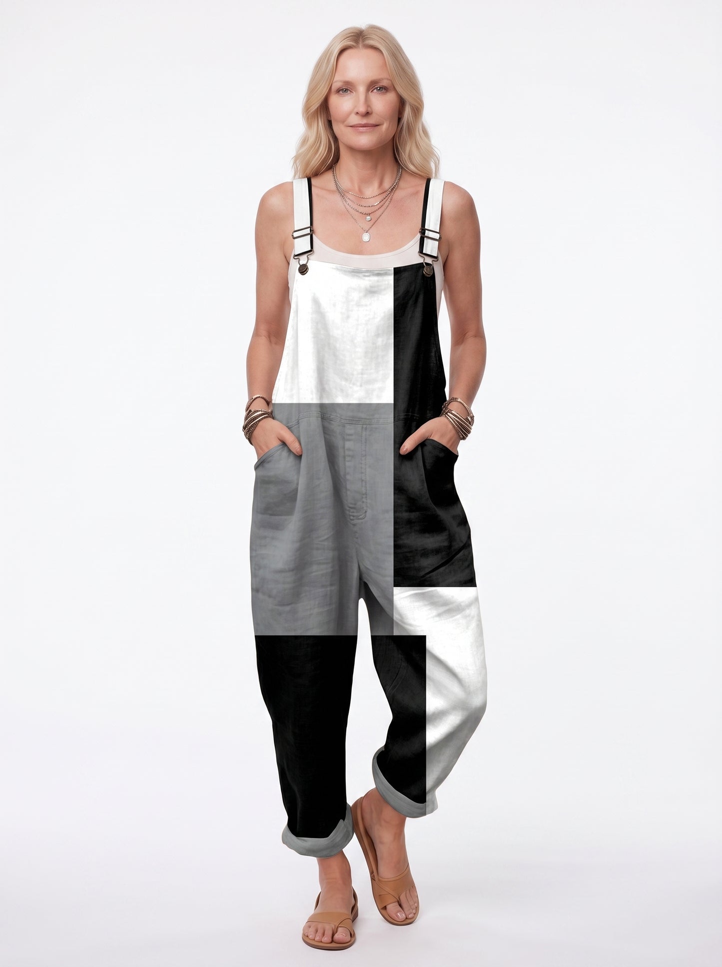 Filippa - Women's Dungaree Jumpsuit with Color Block Print and Side Pockets — front