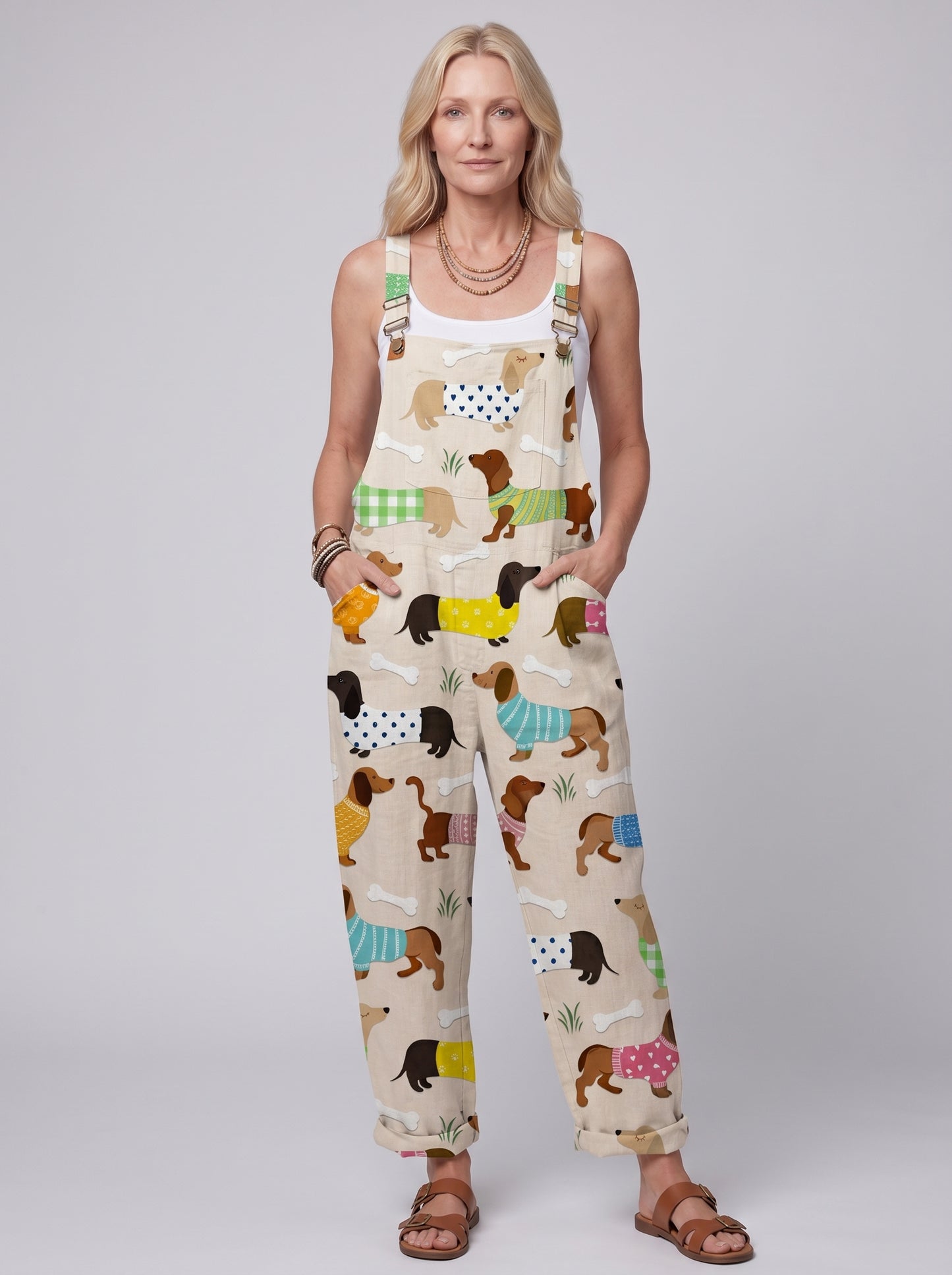Florence - Women's Dungaree Jumpsuit with Dachshund Print and Side Pockets — front