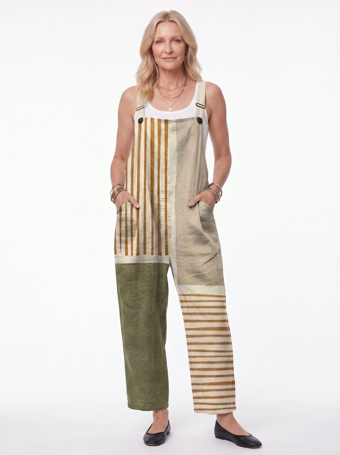 Frederikke - Women's Dungaree Jumpsuit with Stripe Patchwork Print and Side Pockets — front