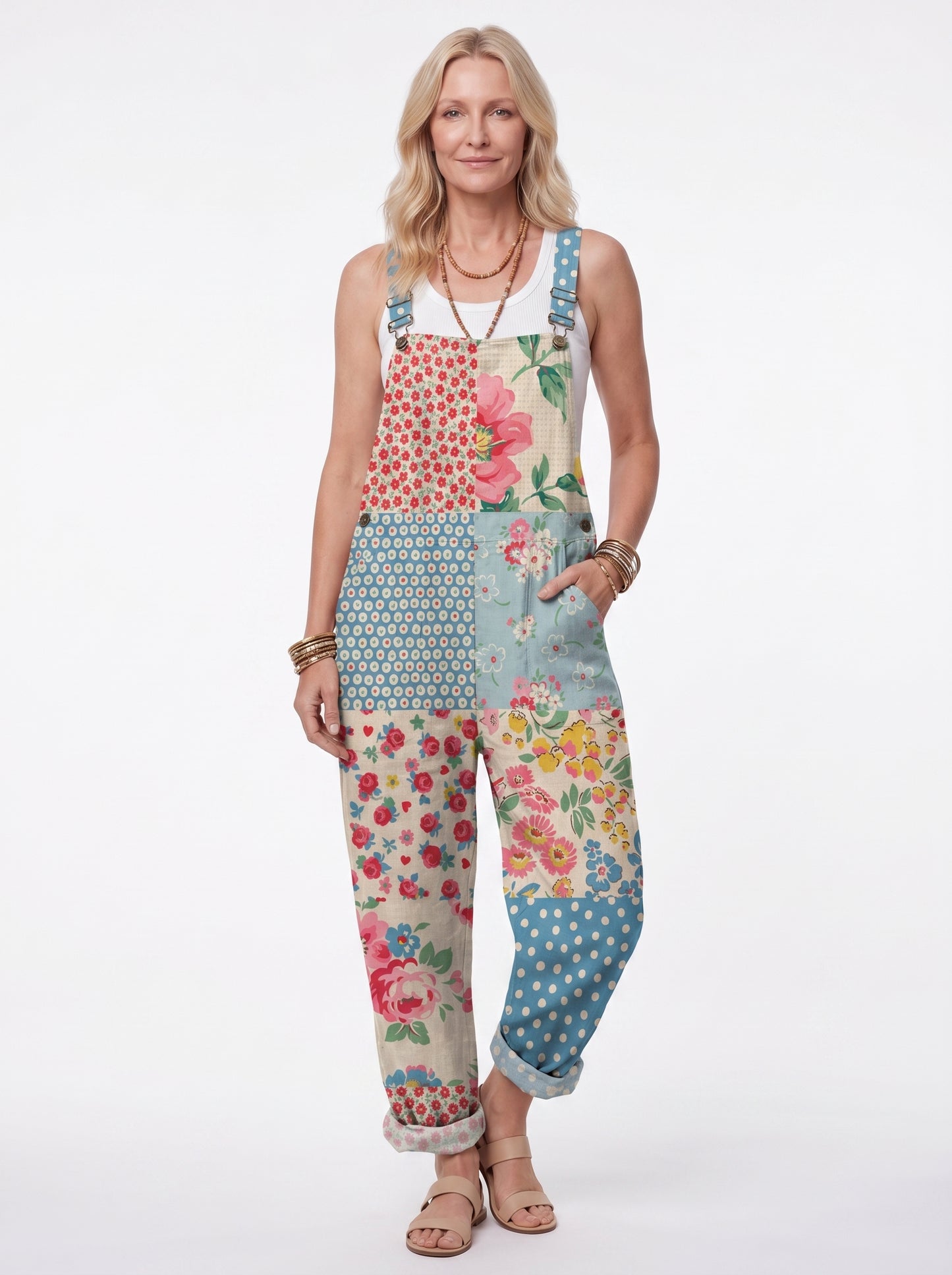 Frigg - Women's Dungaree Jumpsuit with Floral Patchwork Print and Side Pockets — front