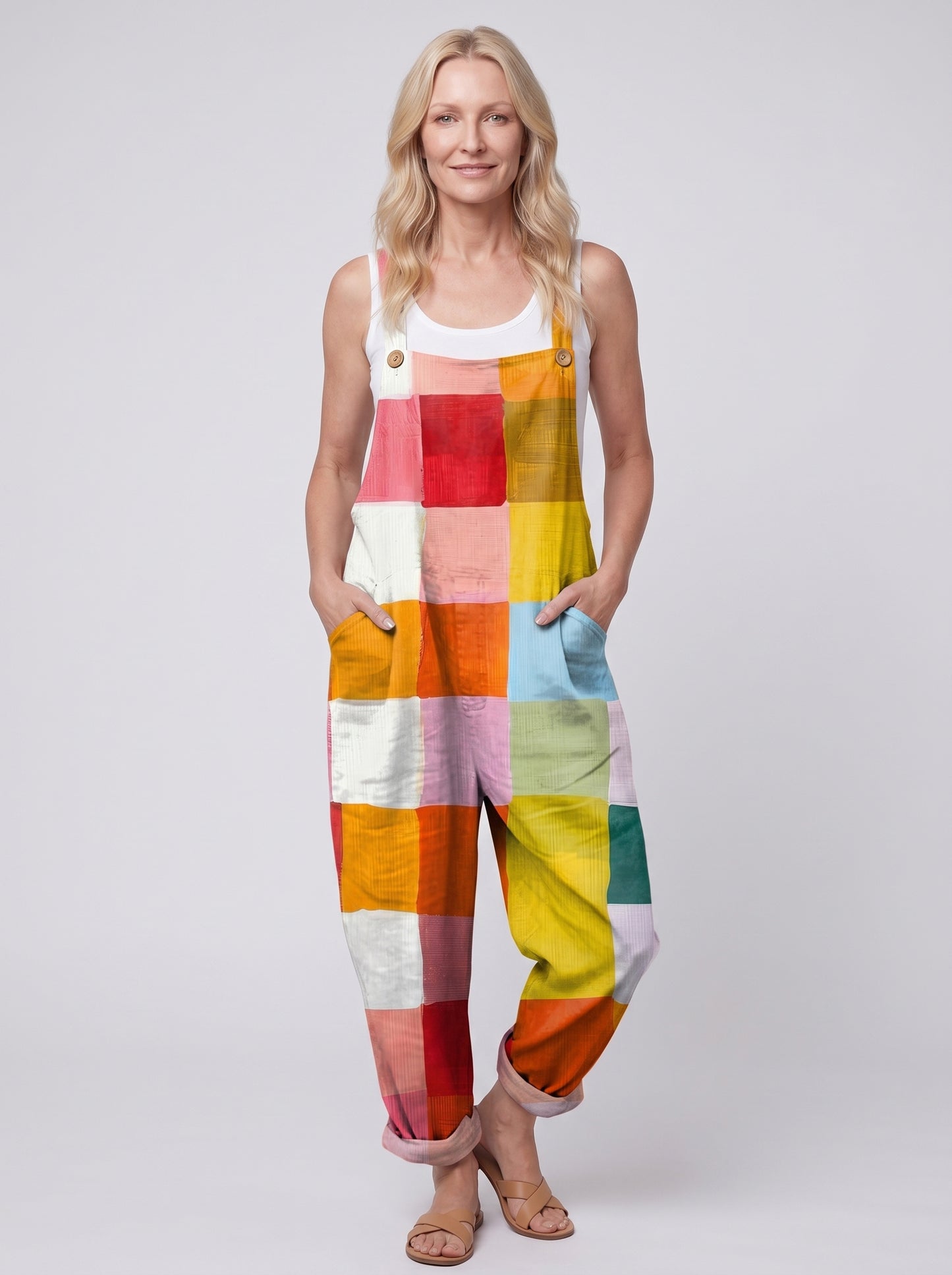 Hanne - Women's Dungaree Jumpsuit with Patchwork Print and Side Pockets — front