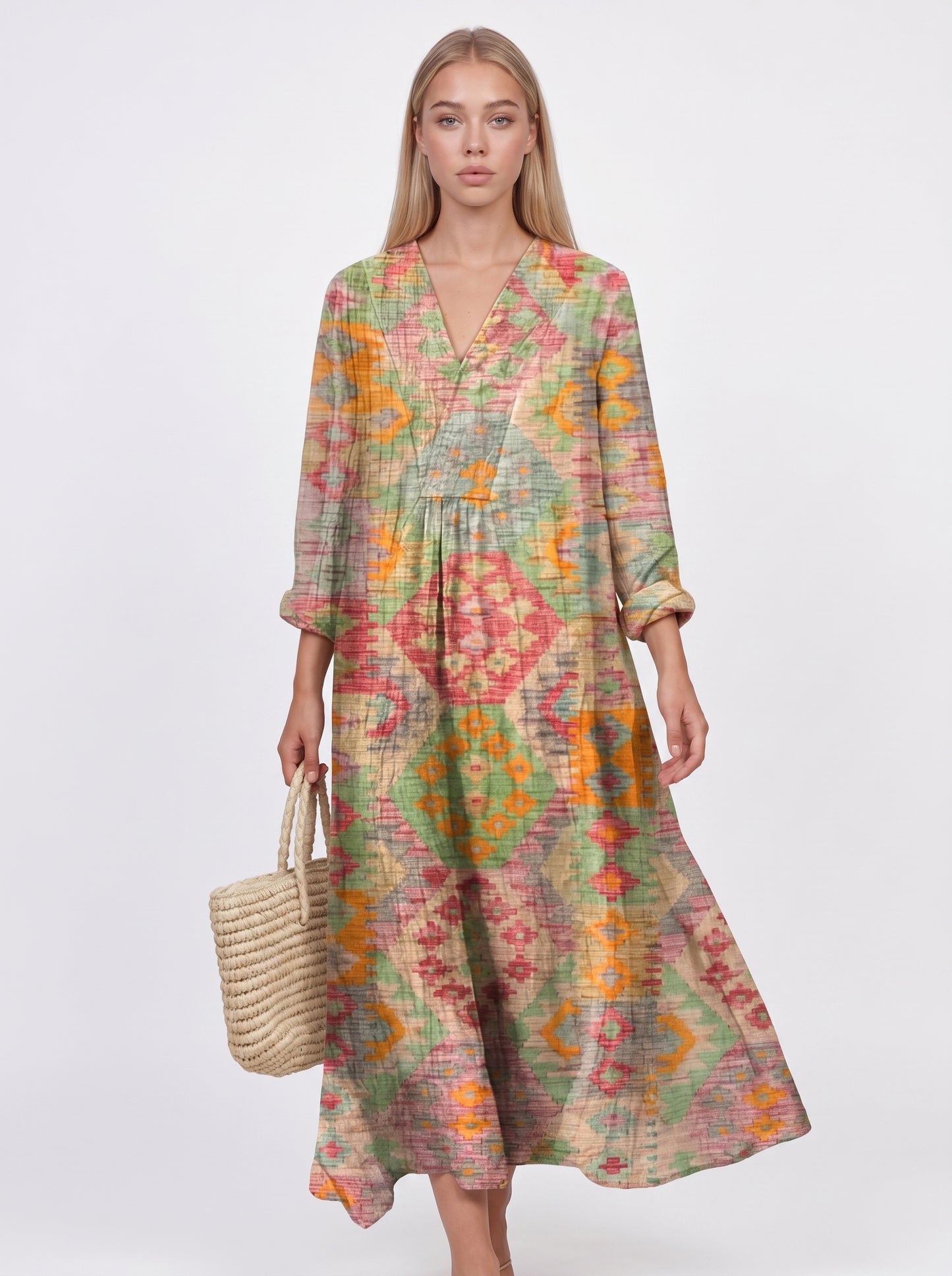 Isla | Boho Flowy Maxi Dress with V-Neck & Long Sleeves — front