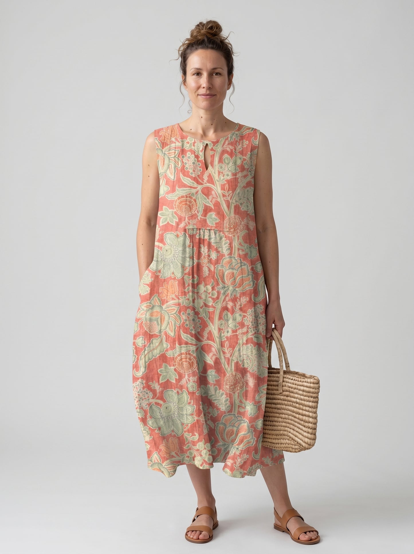 Isla | Floral Midi Sundress Sleeveless with Relaxed Gathered Waist — front