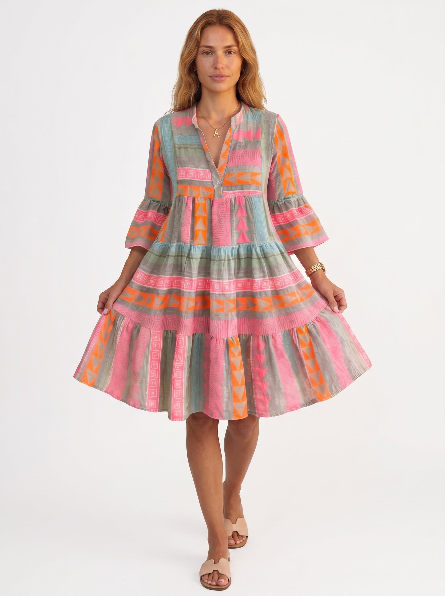 Isla | Playful Tiered Mini Dress with Geometric Print — front