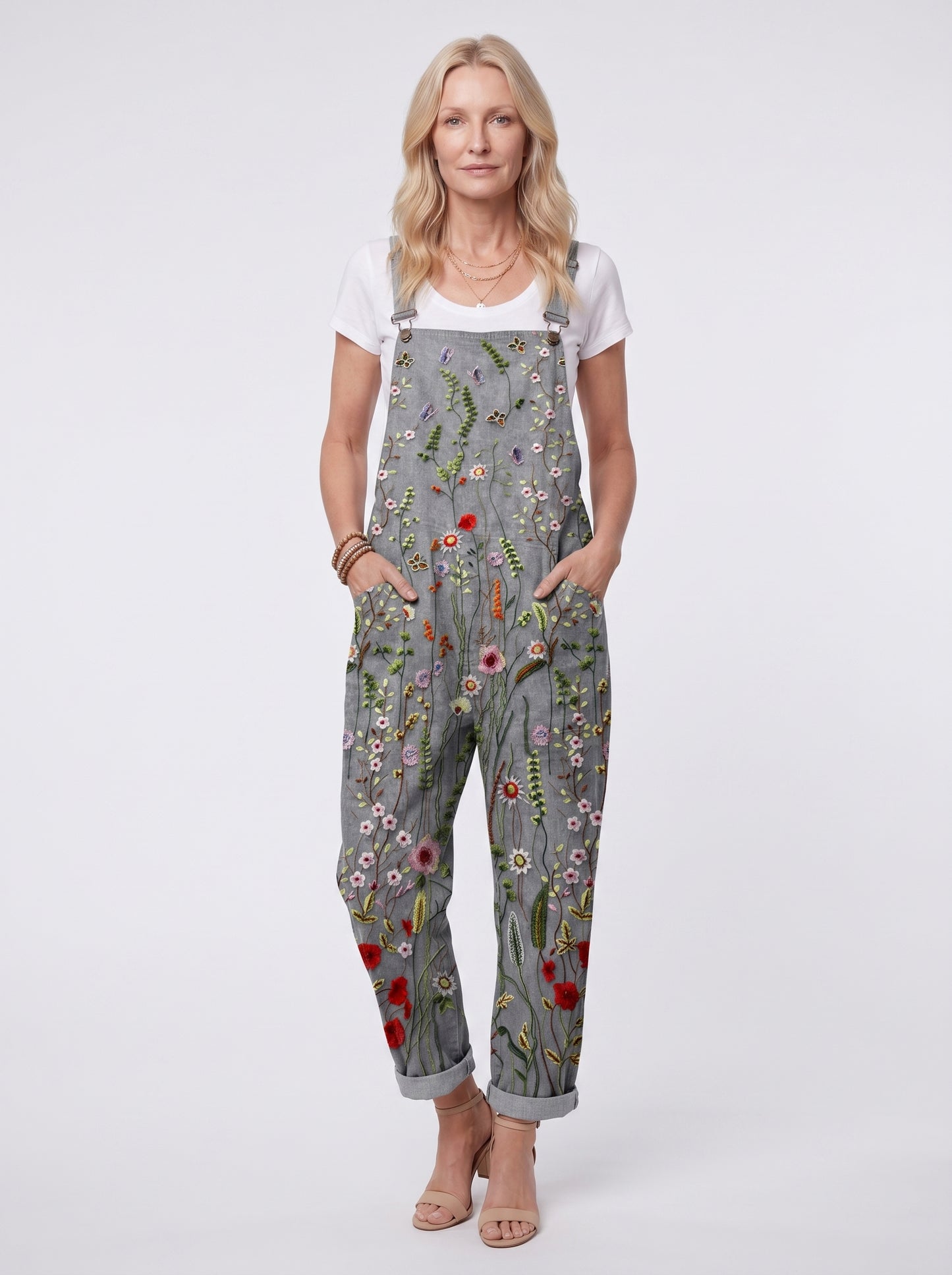 Liv - Women's Dungaree Jumpsuit with Embroidery Floral Print and Side Pockets — front