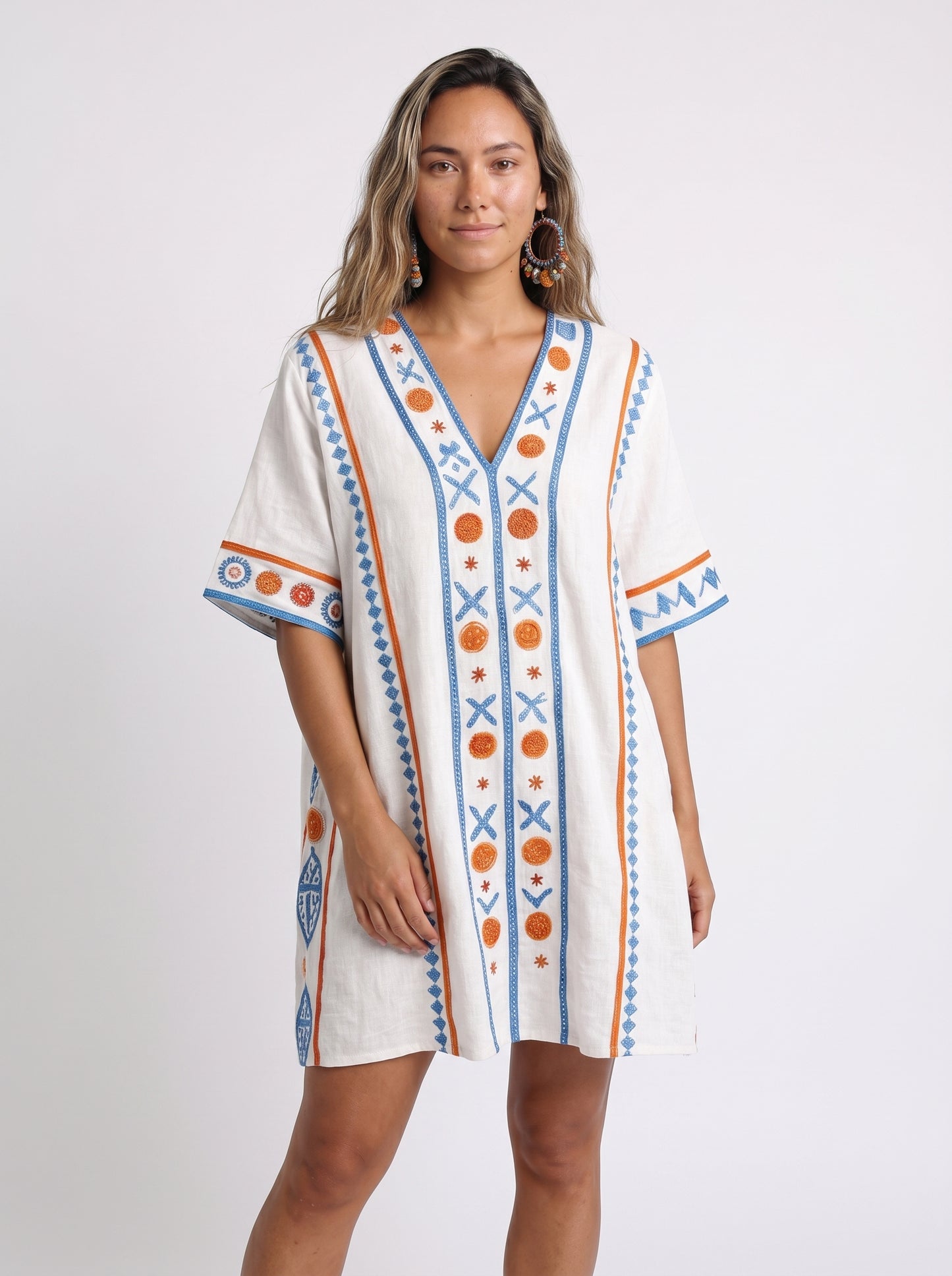 Luna | Boho Embroidered Mini Dress with V-Neck — front