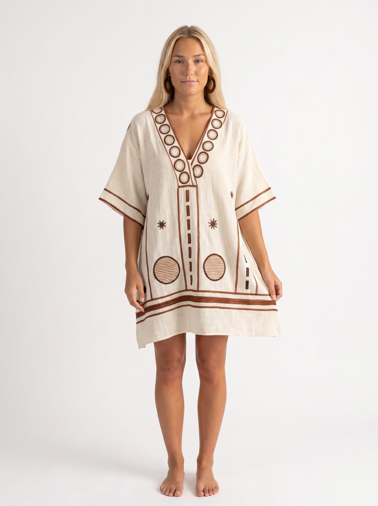 Mia | Boho Embroidered Mini Dress with V-Neckline — front