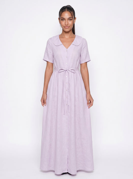 Mia | Charming Flowy Maxi Dress with Peter Pan Collar & Tie Waist — Light purple_front
