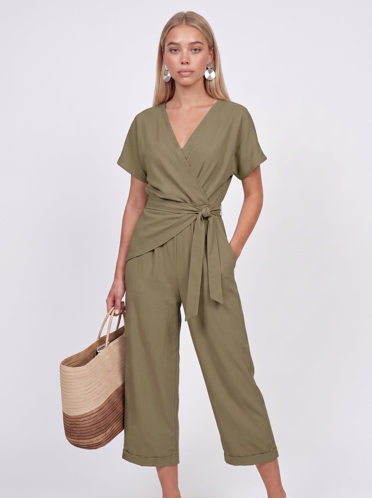 Nora | Elegant Wrap Jumpsuit with Twisted Waist Detail — Khaki_front