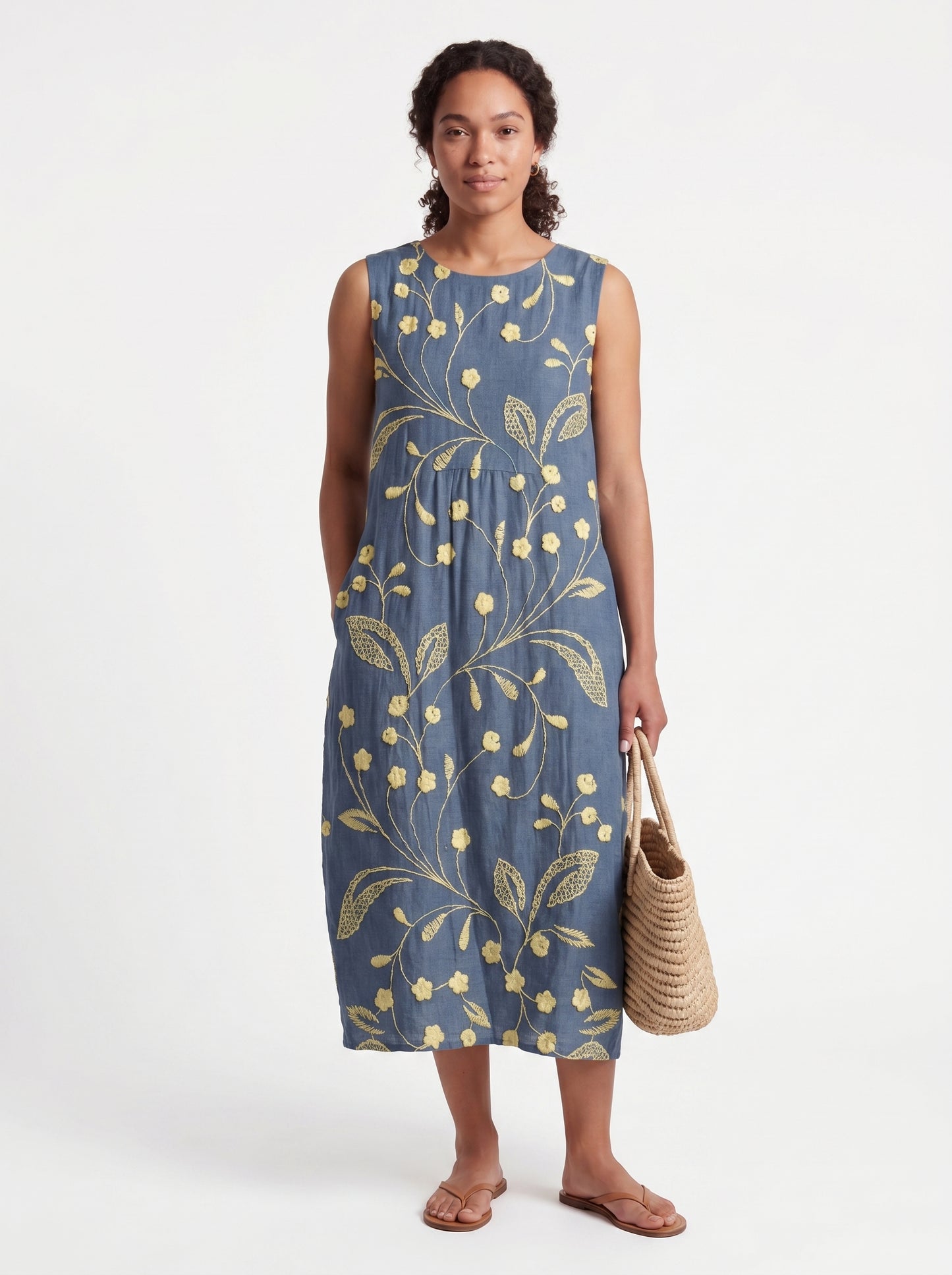 Nora | Floral Midi Sundress Sleeveless with Botanical Embroidery Print — front