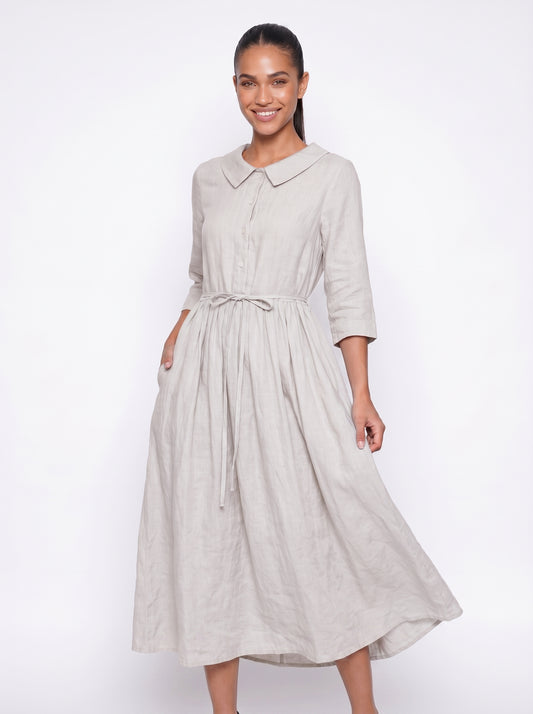 Nora | Flowy Maxi Dress with Tie Waist & Peter Pan Collar — White_front