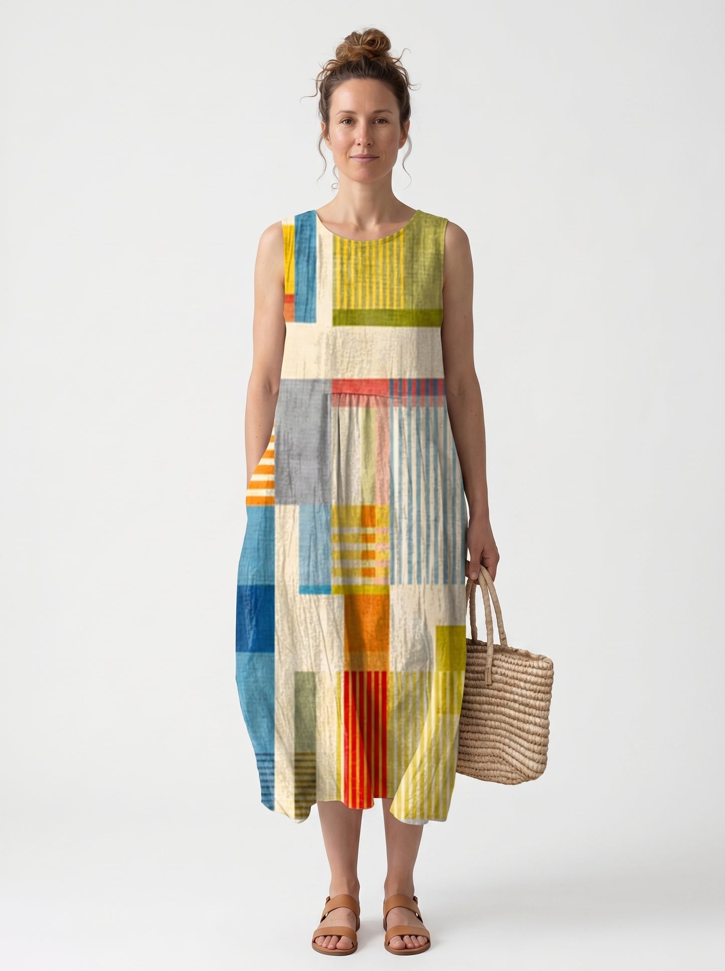 Nora | Playful Geometric Print Midi Sundress with Sleeveless Relaxed Fit — front