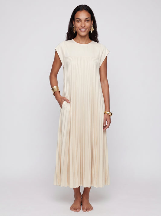 Pearl - Pleated Maxi Dress with Cap Sleeve and Side Pockets — Beige_front