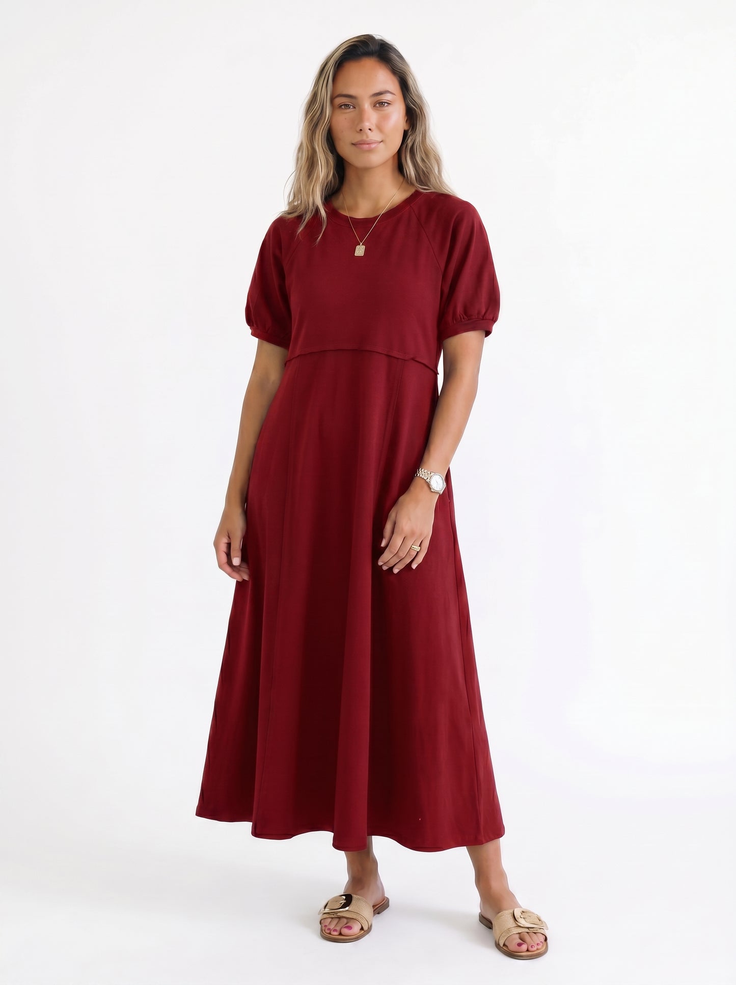 Reese - Maxi Dress with Puff Sleeves and Round Neckline — Wine red_front
