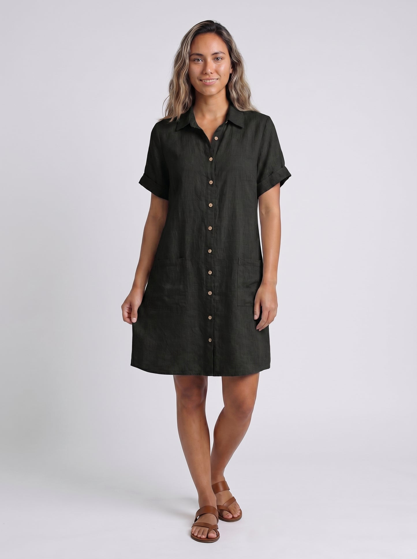 Remy - Midi Shirt Dress with Button Front and Patch Pockets — Black_front