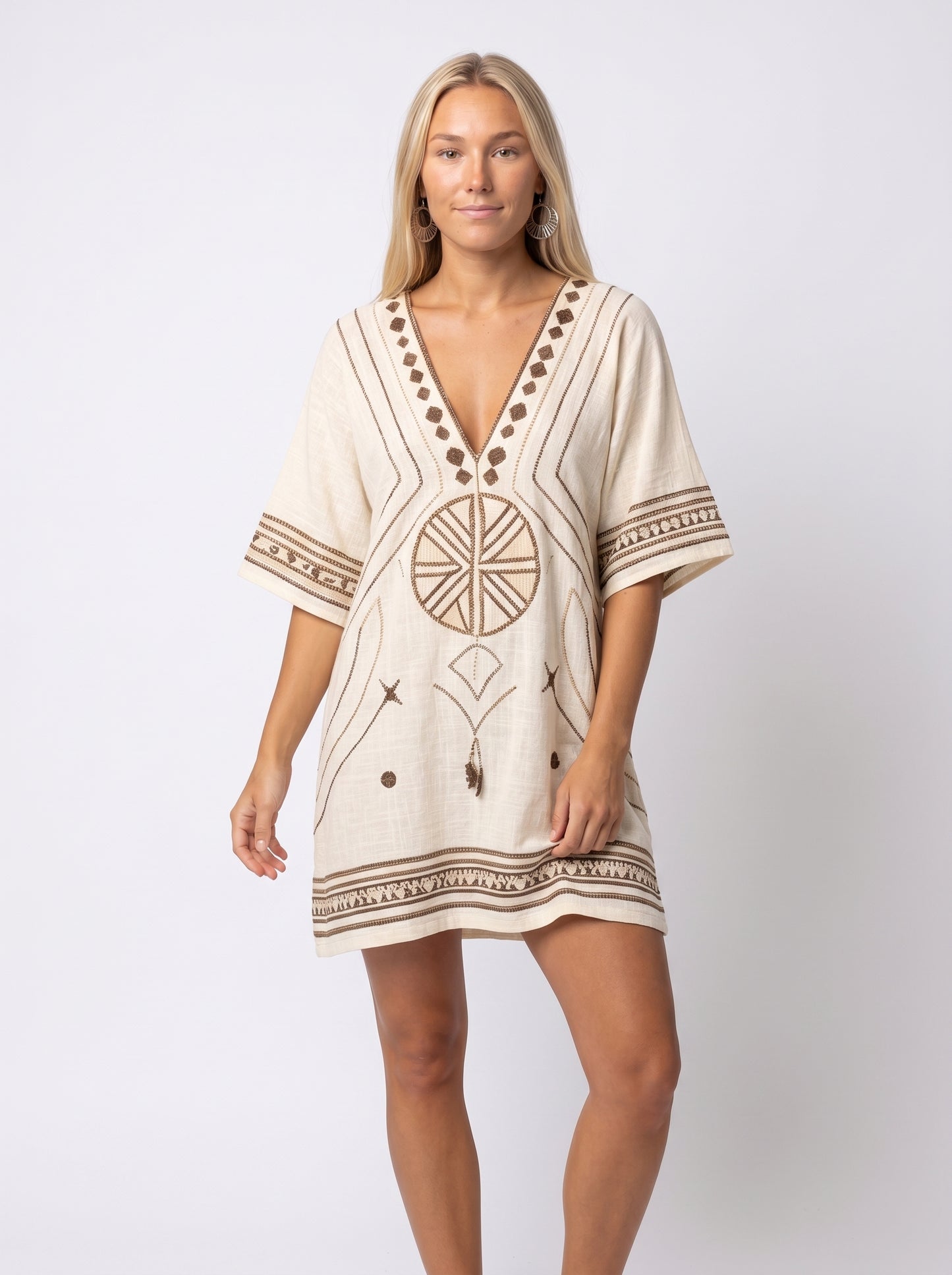 Sofia | Boho Mini Dress with Tribal Embroidery V-Neck — front