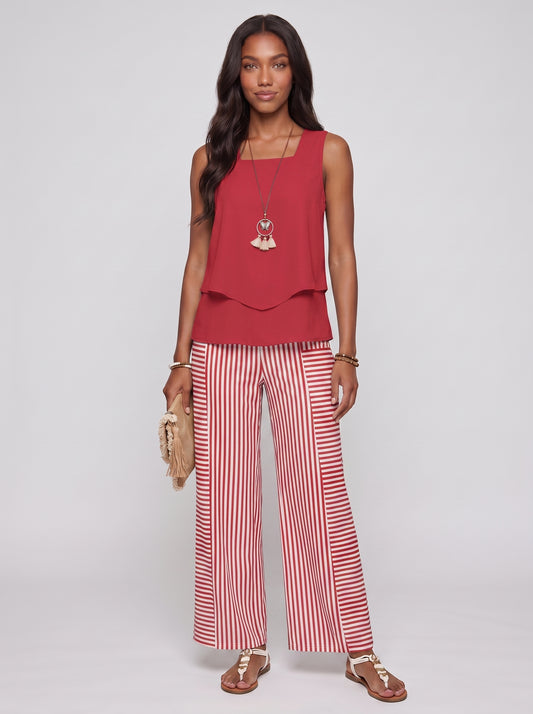 Sofia | Chic Sleeveless Printed Top & Wide Leg Pants Two-Piece Set — Red_front