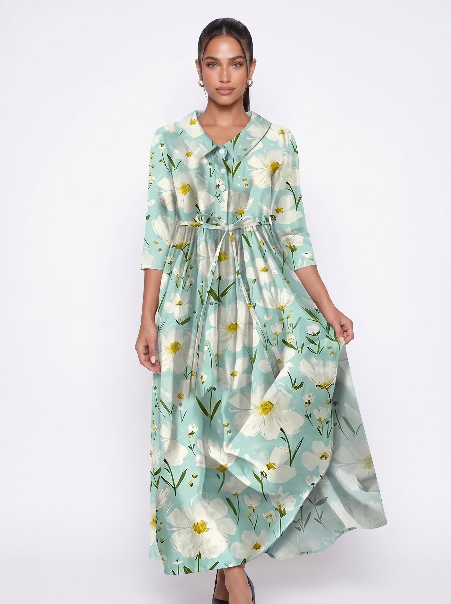 Sofia | Floral Maxi Dress with Tie Waist & Peter Pan Collar — front