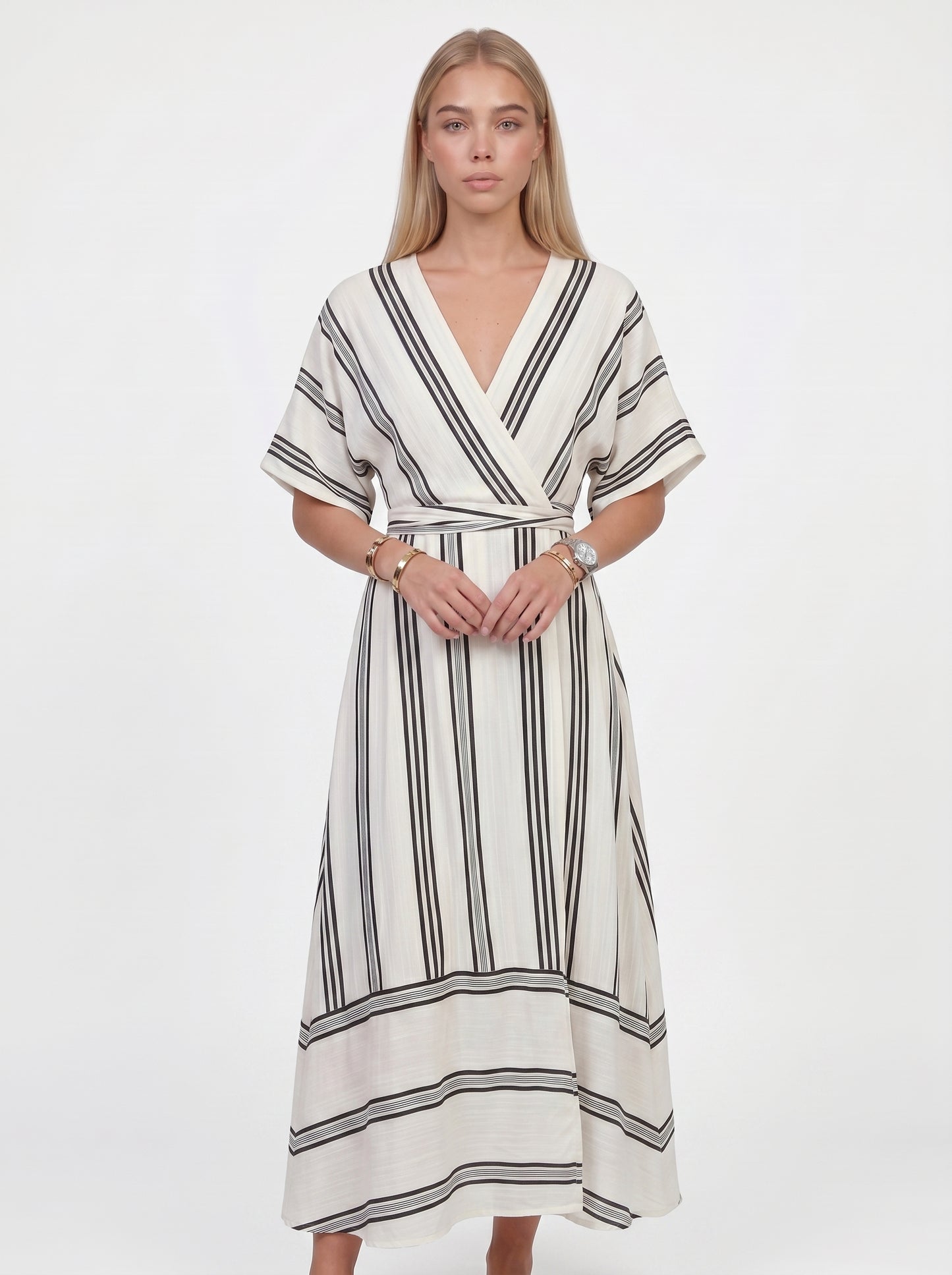 Sofia | Striped Flowy Maxi Dress with Wrap V-Neck — Apricot_front
