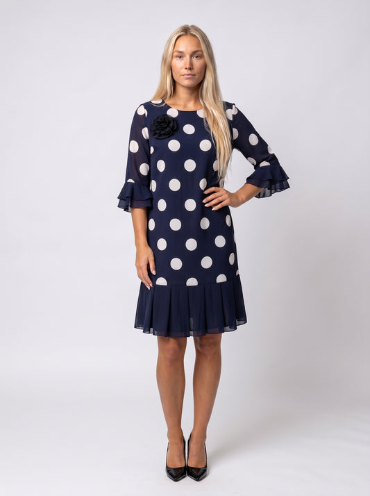 Stella | Charming Polka Dot Midi Dress with Flared Hem & Bell Sleeves — White_front