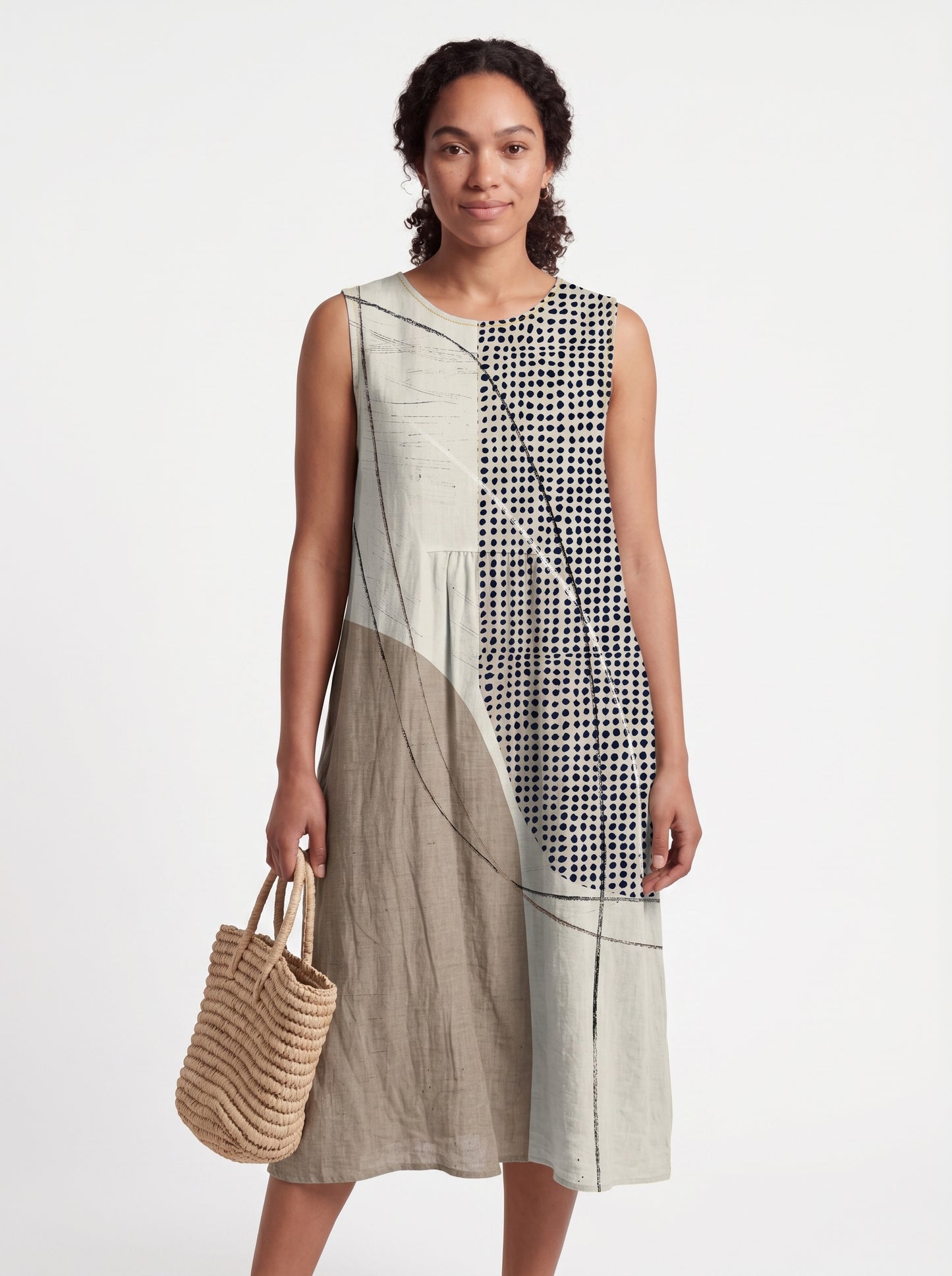 Stella | Effortless Sleeveless Midi Sundress with Geometric Color-Block Print — front
