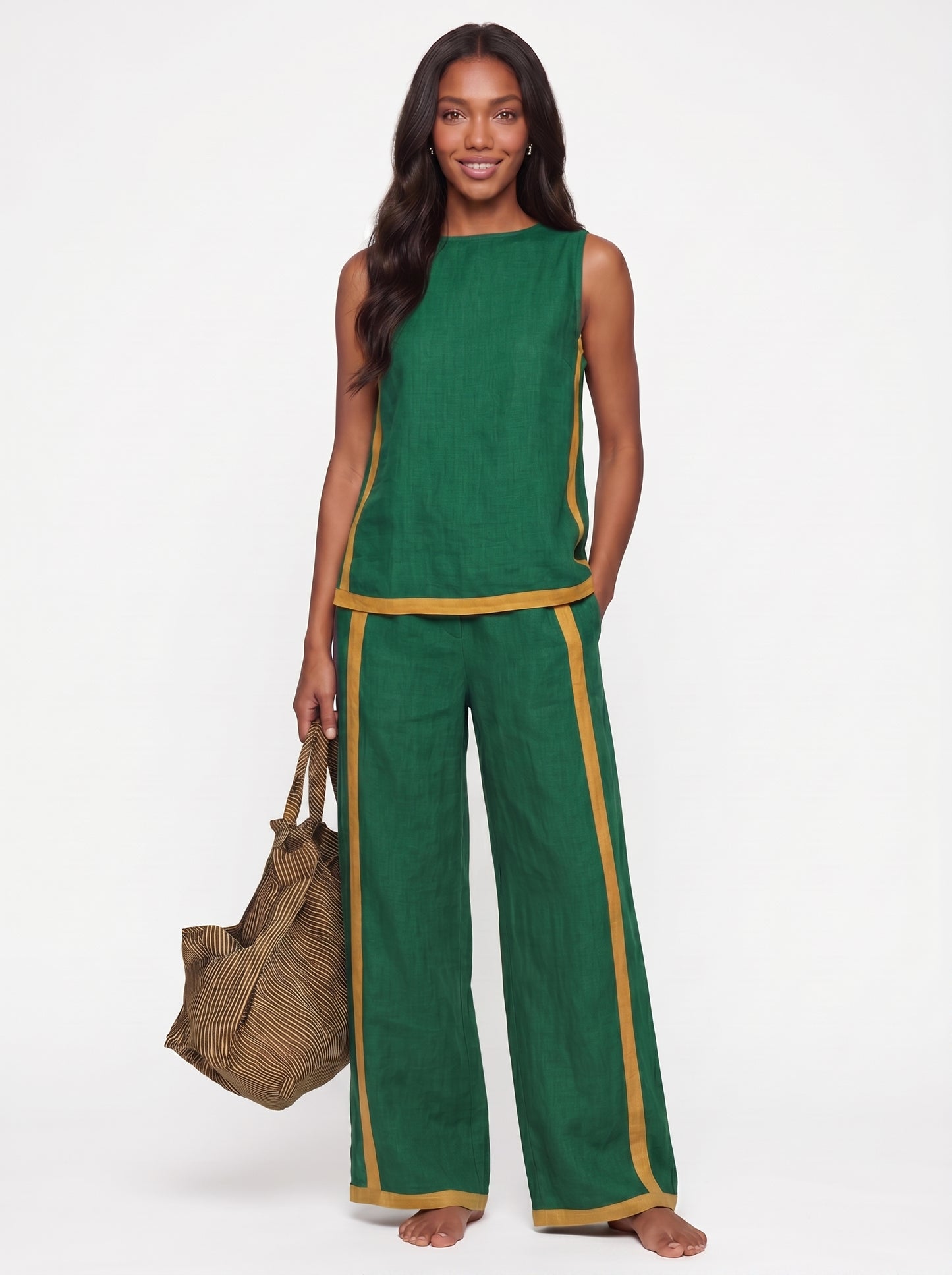 Stella | Sleek Linen Wide Leg Pants Two Piece Set with Contrast Trim — Green_front
