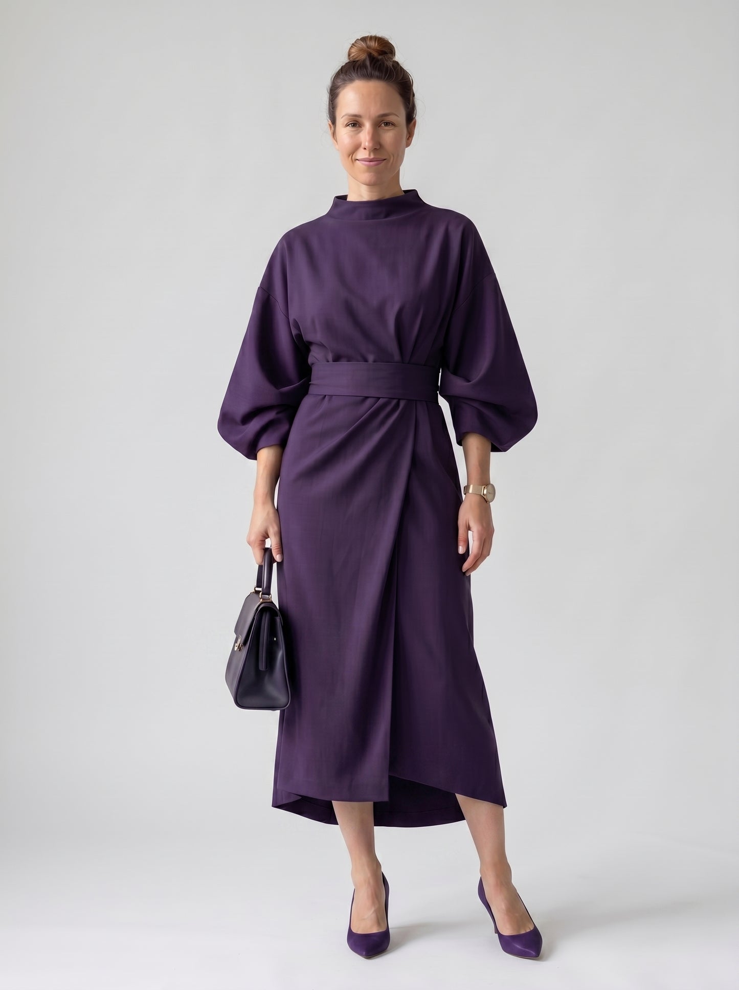 Vera | Elegant Maxi Dress with Belted Waist & Wide Sleeves — Purple_front