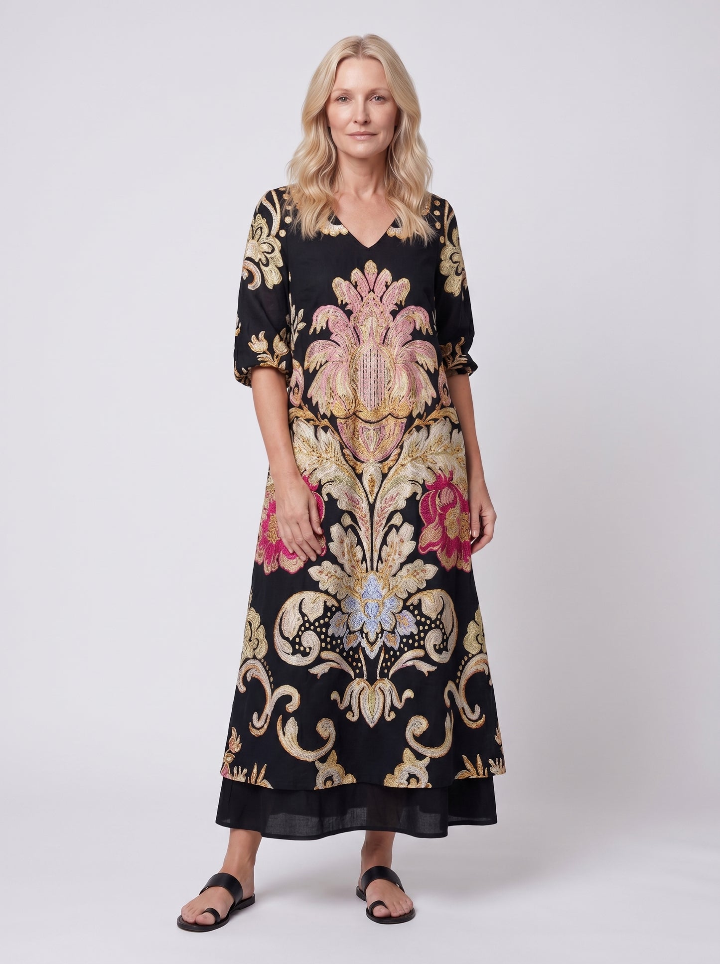 Zoe - Boho Maxi Dress Baroque Floral Print V-Neck with Three-Quarter Sleeves — front