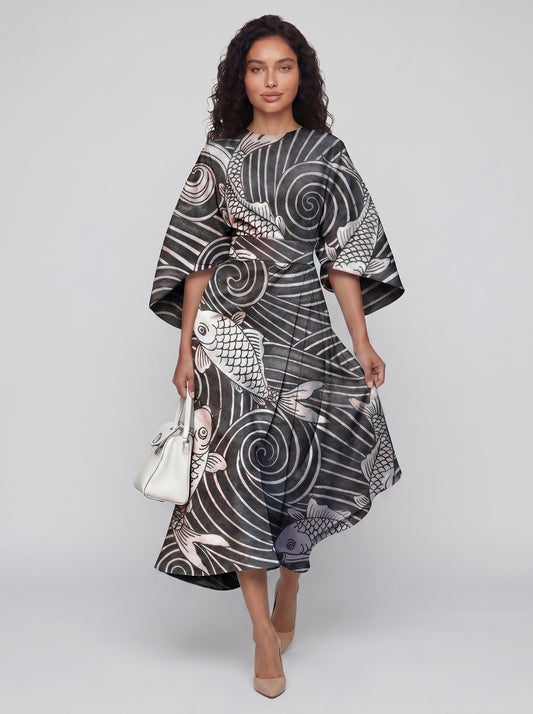 Zola - Midi Cocktail Dress with Abstract Stripe Print and Batwing Sleeves — Style 4_front
