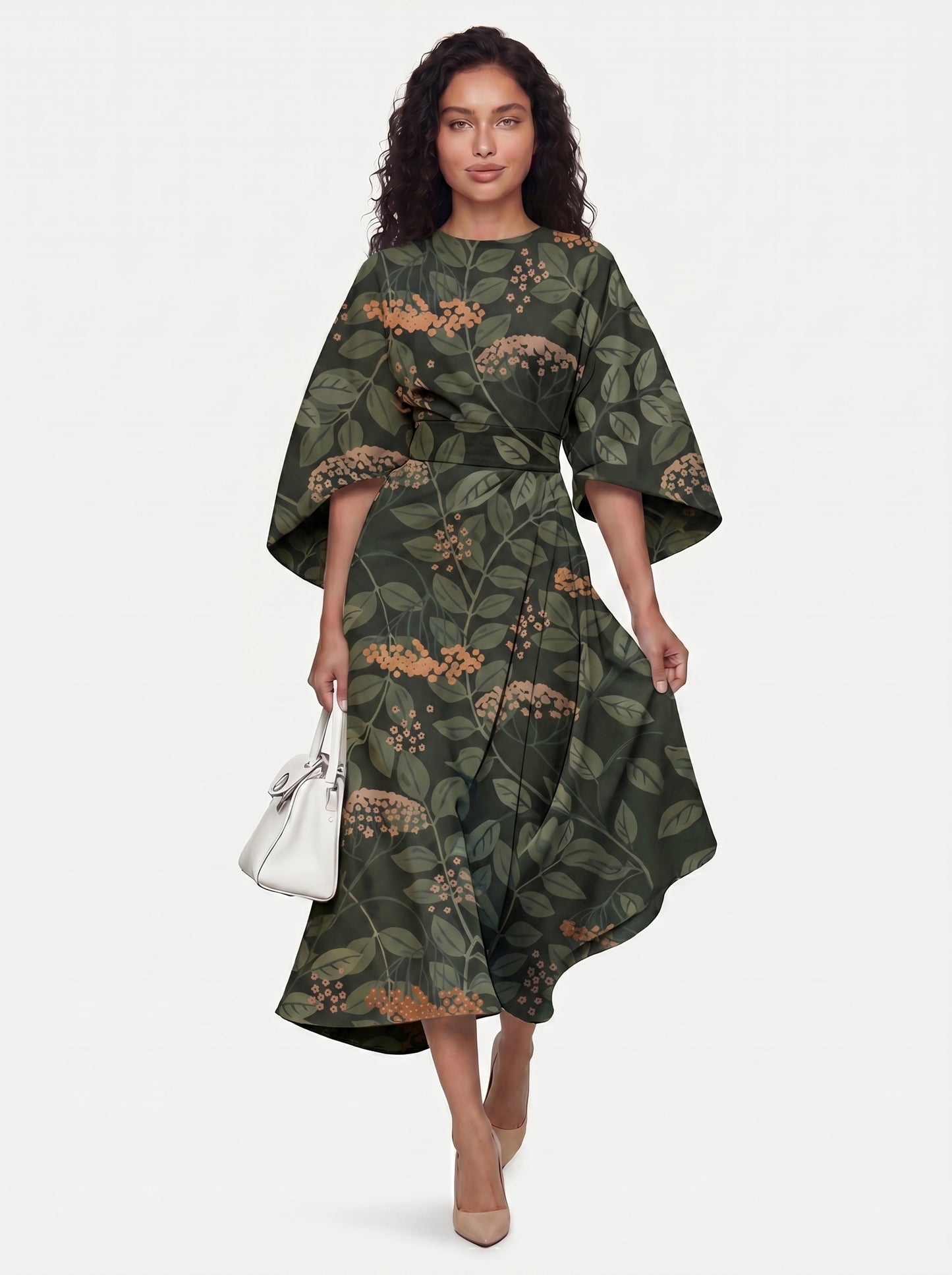 Zola - Midi Cocktail Dress with Abstract Stripe Print and Batwing Sleeves — Style 9_front