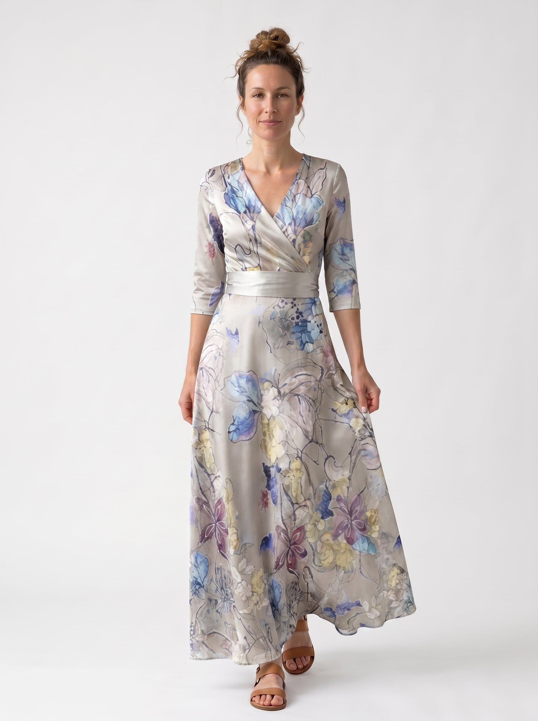 Isla | Floral Maxi Dress with Wrap V-Neckline — Sand/Beige_front