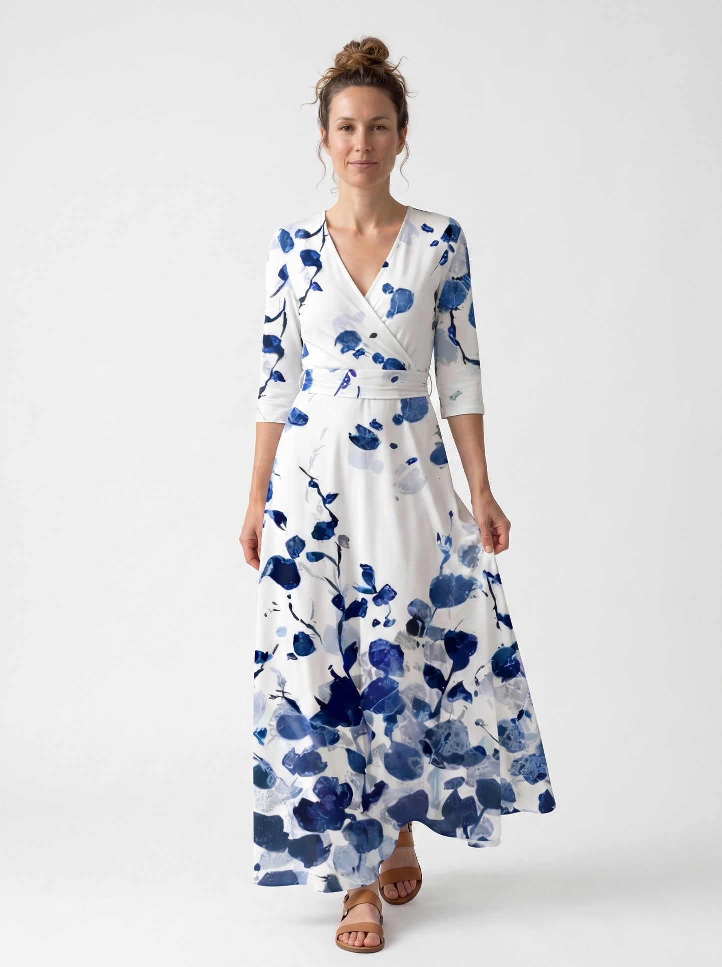 Isla | Floral Maxi Dress with Wrap V-Neckline — White/Blue_front