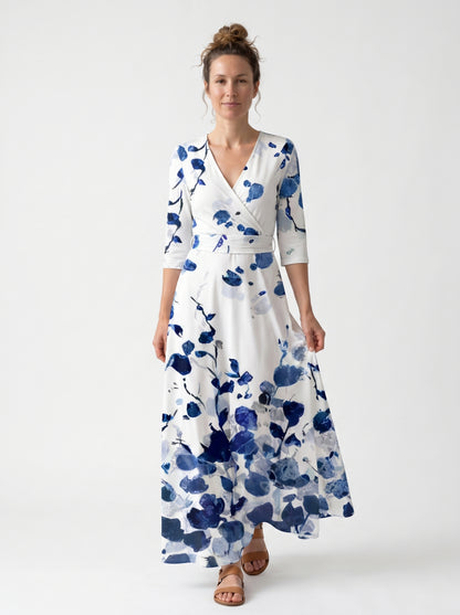 Isla | Floral Maxi Dress with Wrap V-Neckline — White/Blue_front
