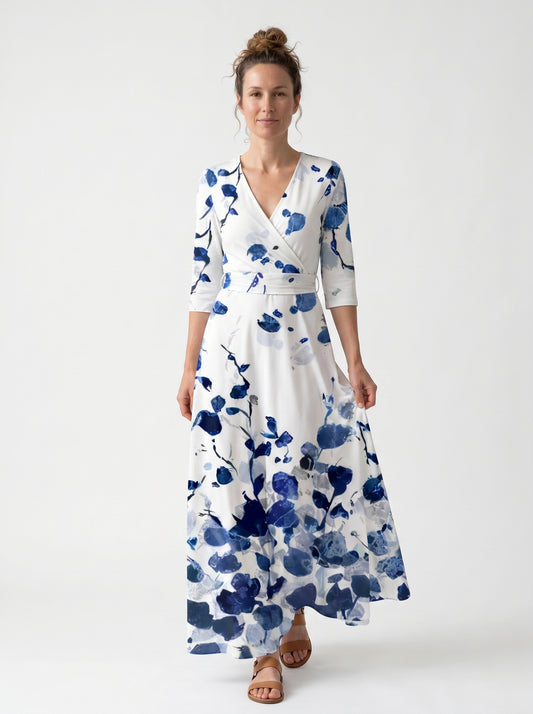 Isla | Floral Maxi Dress with Wrap V-Neckline — White/Blue_front
