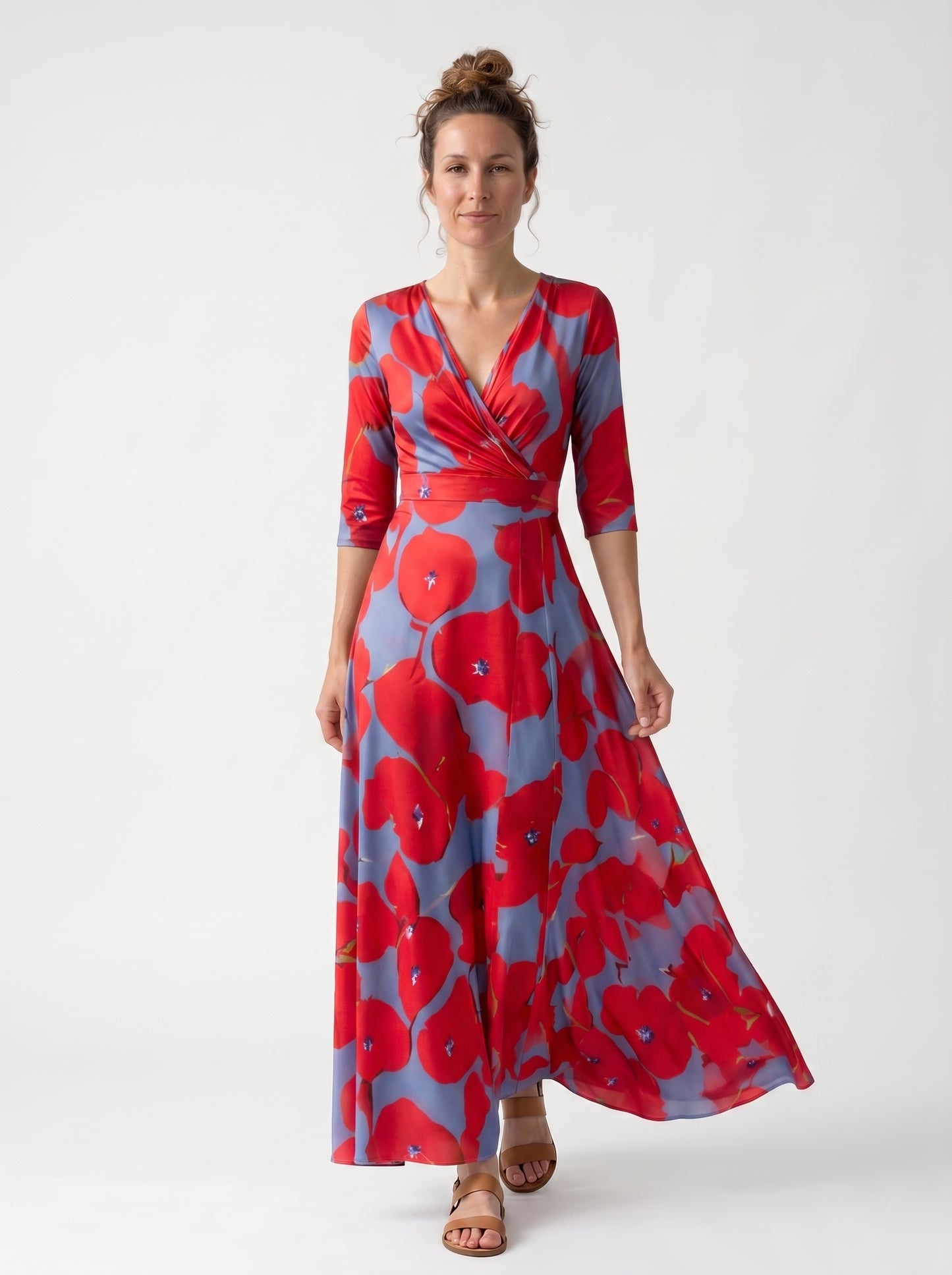 Isla | Floral Maxi Dress with Wrap V-Neckline — Red/Blue_front
