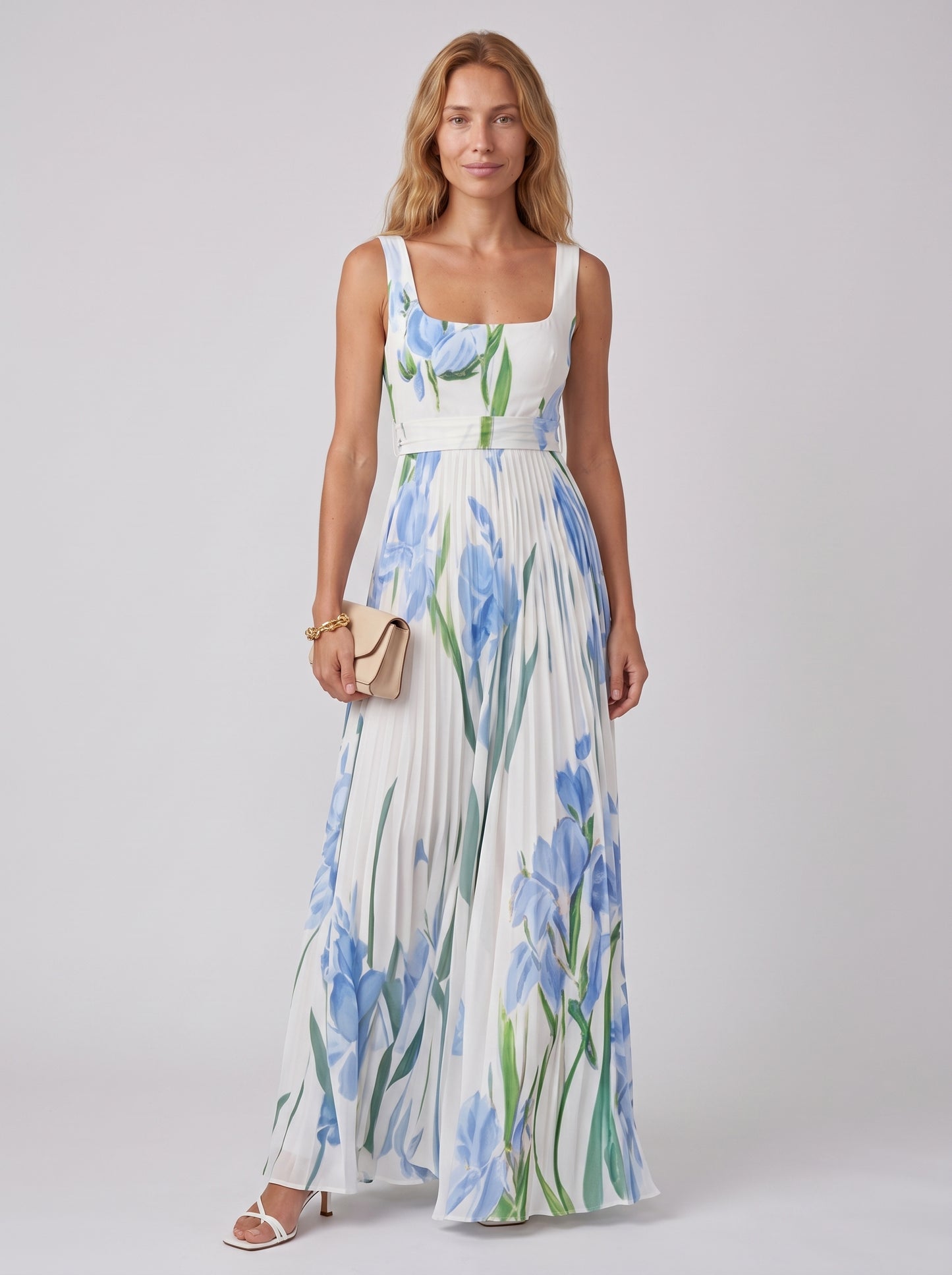 Aria | Floral Maxi Dress Flowy A Line with Pleated Skirt — White/Blue_front