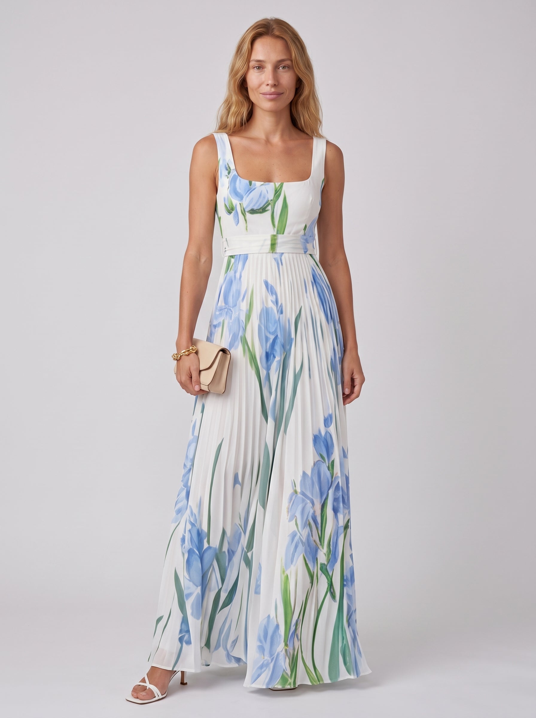 Aria | Floral Maxi Dress Flowy A Line with Pleated Skirt — White/Blue_front