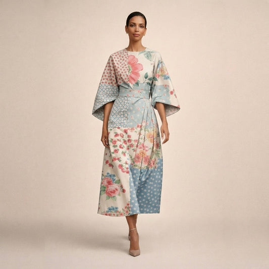 Clementine Floral Midi Dress with Sculpted Waist and Airy Elegance-#1148 Moxlan-GLAMCOSY-Colorful-S-GLAMCOSY