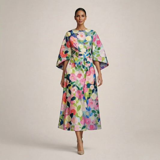 Clementine Floral Midi Dress with Sculpted Waist and Airy Elegance-#1148 Moxlan-GLAMCOSY-Floral-S-GLAMCOSY