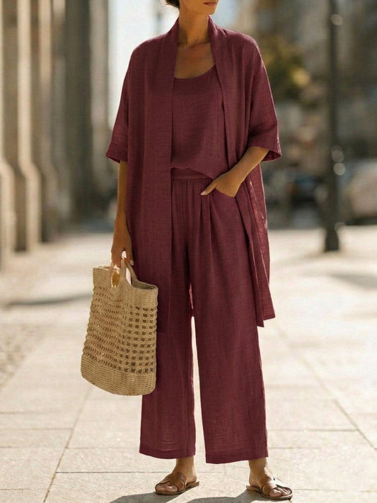 Isabella three-piece set linen cotton effortless and comfortable-GLAMCOSY-Wine-S-GLAMCOSY