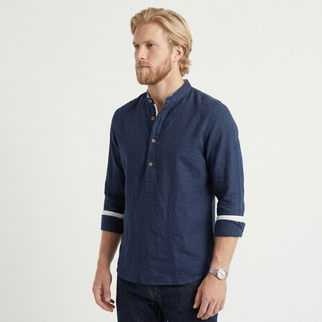 Luuk – Collarless Shirt For Timeless Comfort-GLAMCOSY-Navy Blue-S-GLAMCOSY