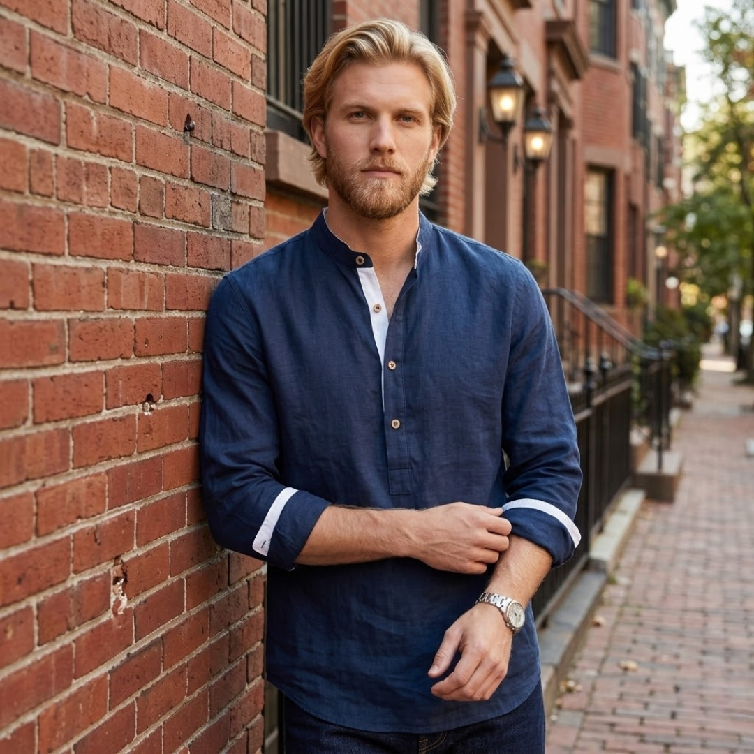 Luuk – Collarless Shirt For Timeless Comfort-GLAMCOSY-Navy Blue-S-GLAMCOSY