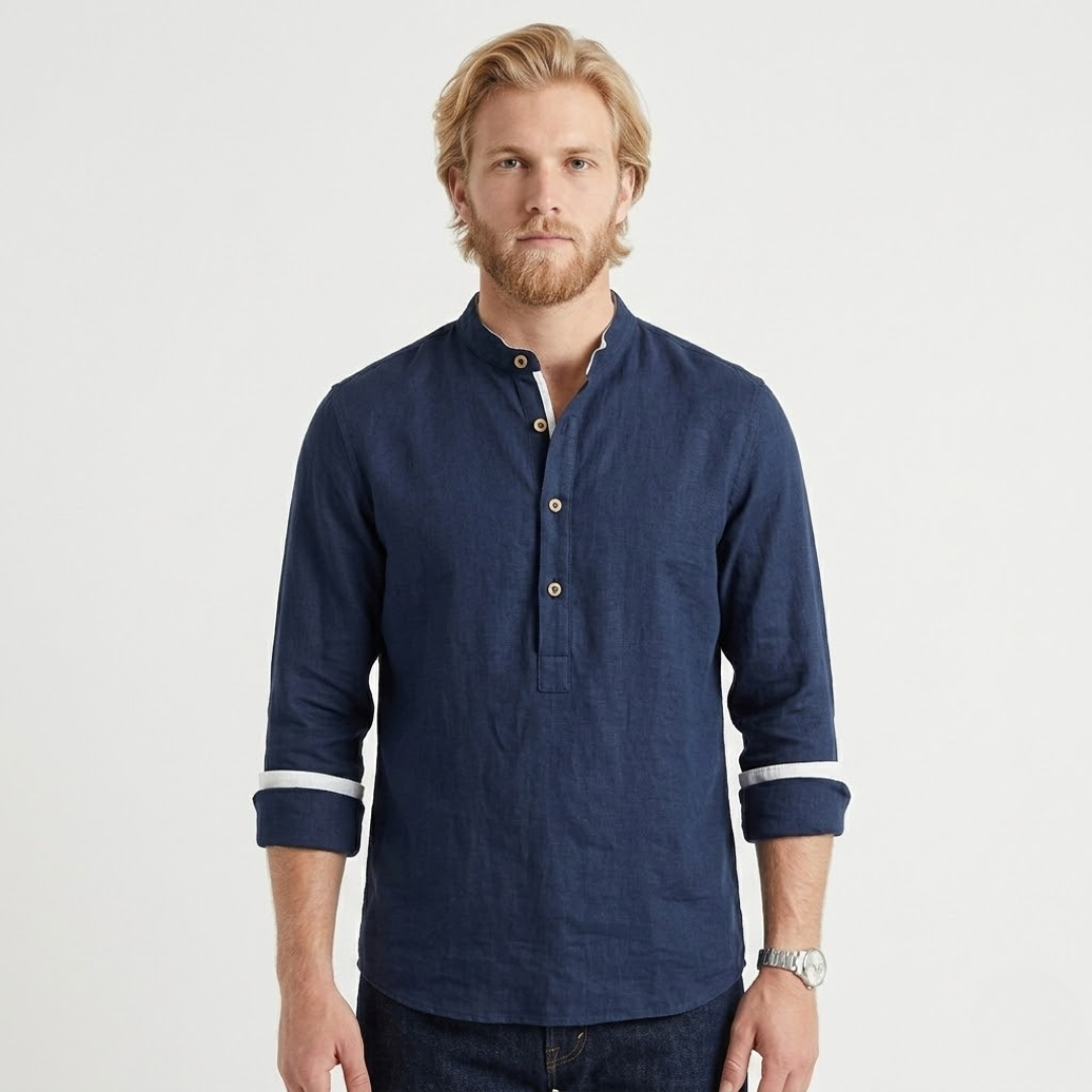 Luuk – Collarless Shirt For Timeless Comfort-GLAMCOSY-Navy Blue-S-GLAMCOSY