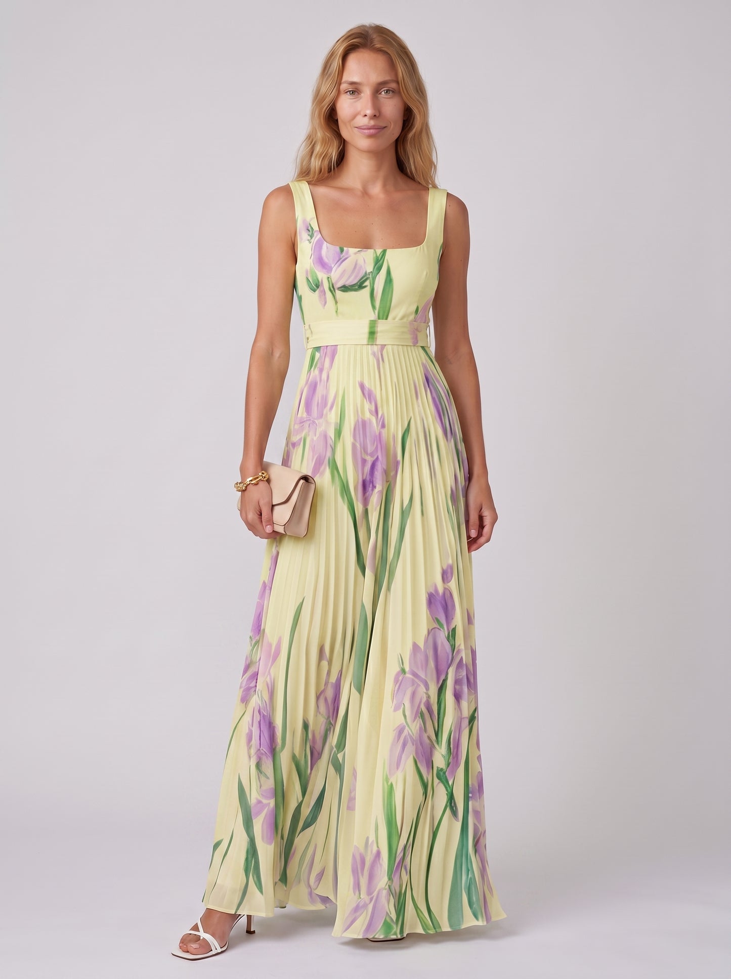Aria | Floral Maxi Dress Flowy A Line with Pleated Skirt — Yellow/Pink_front