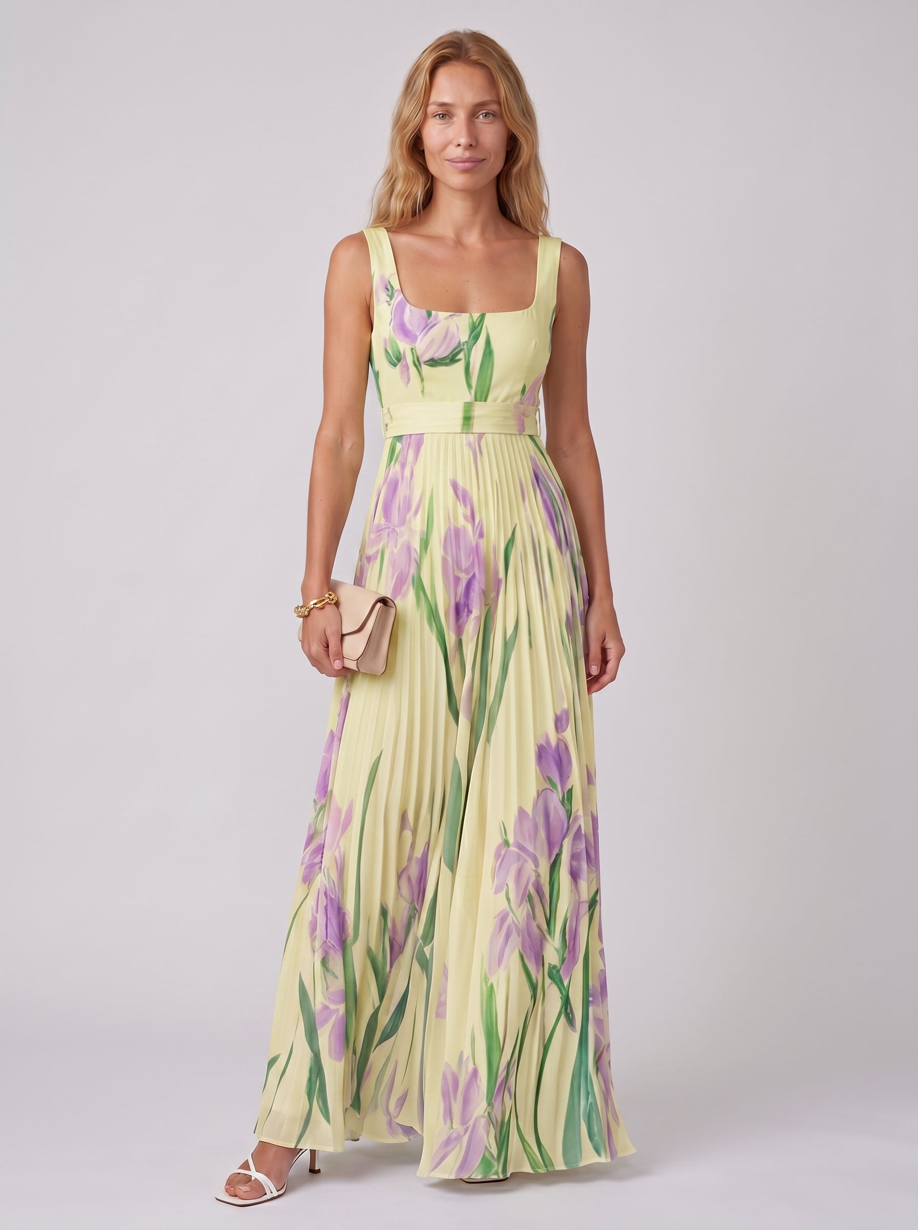 Aria | Floral Maxi Dress Flowy A Line with Pleated Skirt — Yellow/Pink_front