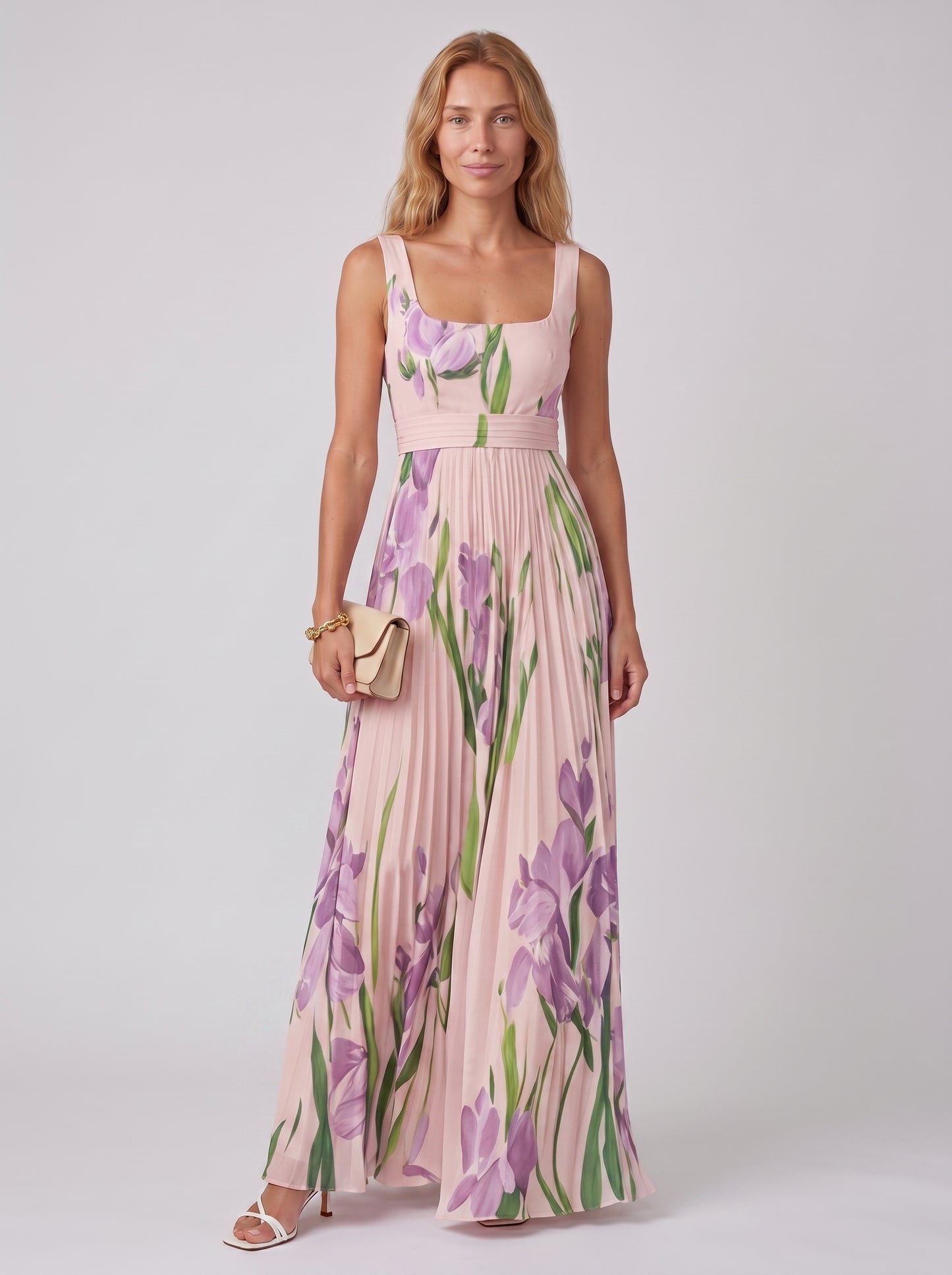 Aria | Floral Maxi Dress Flowy A Line with Pleated Skirt — Pink/Purple_front