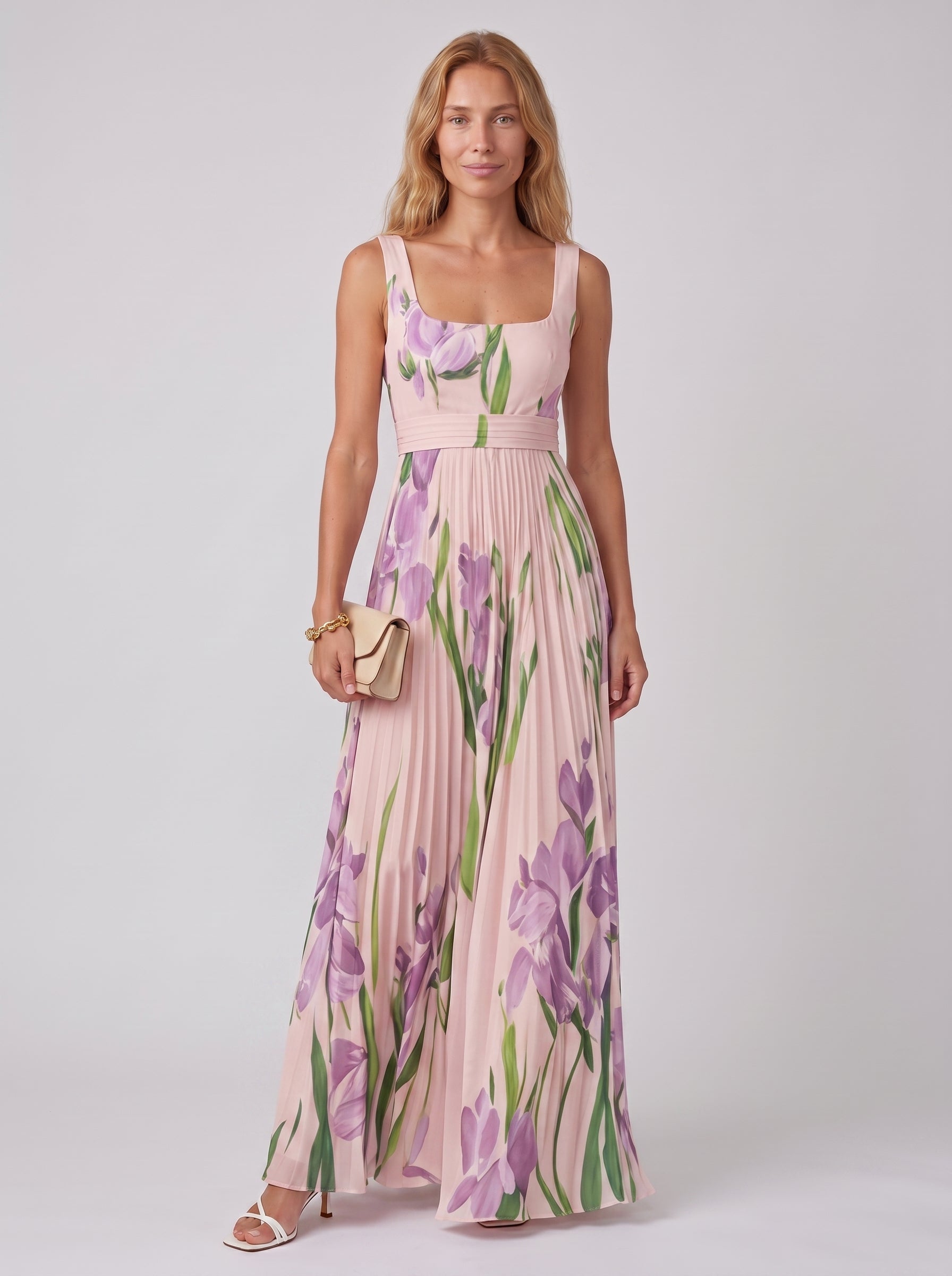 Aria | Floral Maxi Dress Flowy A Line with Pleated Skirt — Pink/Purple_front